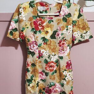 Vintage Petite Sophisticate Floral Linen Sheath Dress Made in USA 4